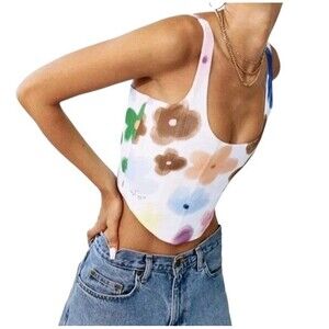 With Cindy Y2K Soft Girl Corset Womens Small Cream Floral Artsy Festival Mesh